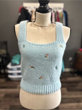 English Factory Powdered Blue Floral Embroidered Sweater Tank Knit Womens M